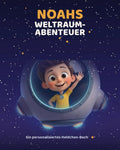 Buchcover: Noahs Weltraum-Abenteuer – ein Junge winkt aus dem Fenster eines Raumschiffs im Sternenhimmel