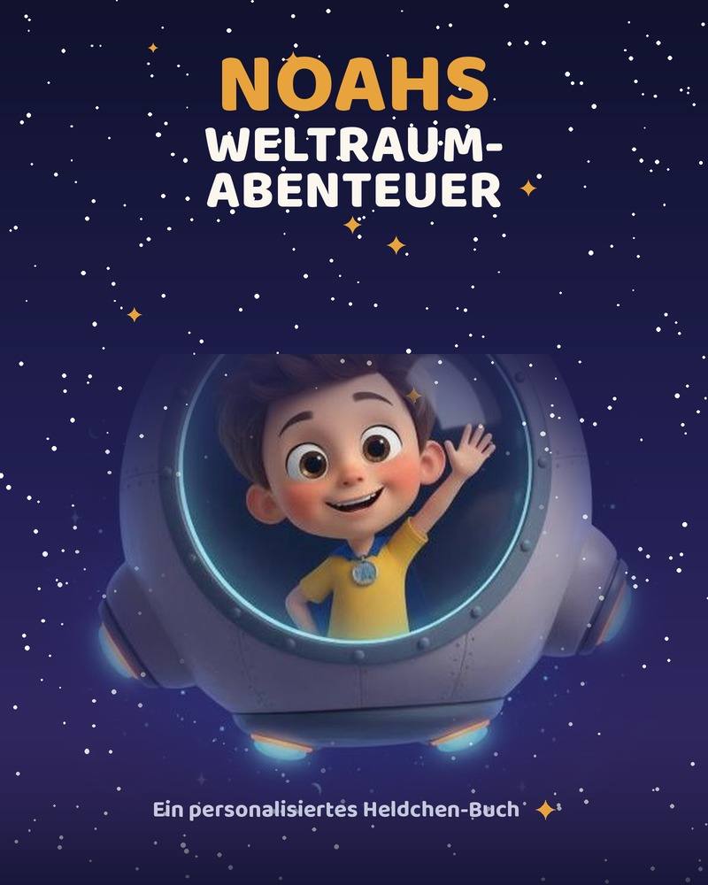 Buchcover: Noahs Weltraum-Abenteuer – ein Junge winkt aus dem Fenster eines Raumschiffs im Sternenhimmel