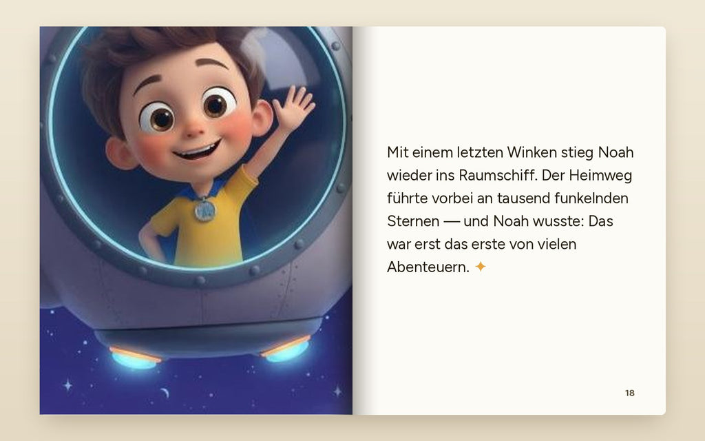 Aufgeschlagene Doppelseite: Noah winkt beim Heimflug aus dem Raumschiff, rechts der Text der Geschichte