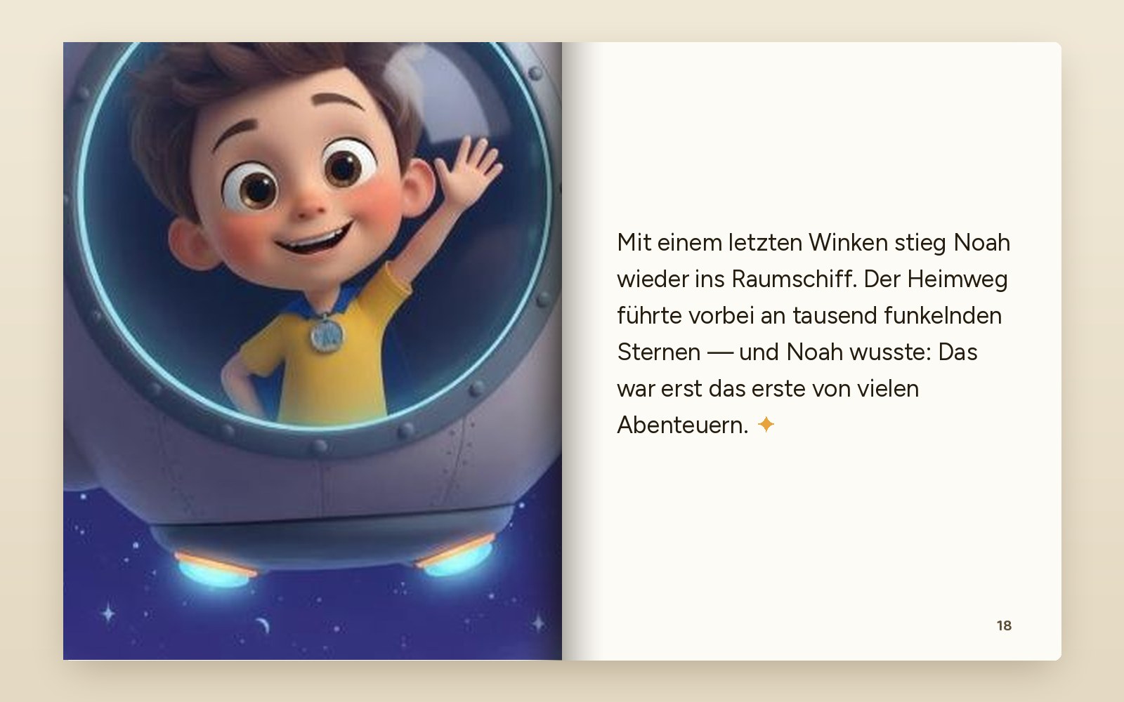 Aufgeschlagene Doppelseite: Noah winkt beim Heimflug aus dem Raumschiff, rechts der Text der Geschichte
