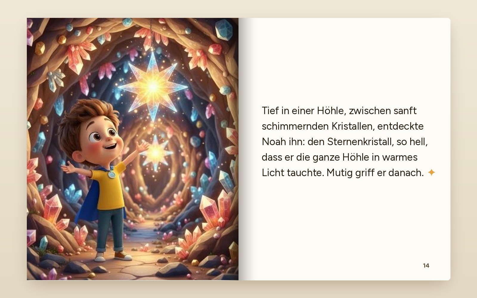 Aufgeschlagene Doppelseite: Noah in der Kristallhöhle, rechts der Text der Geschichte